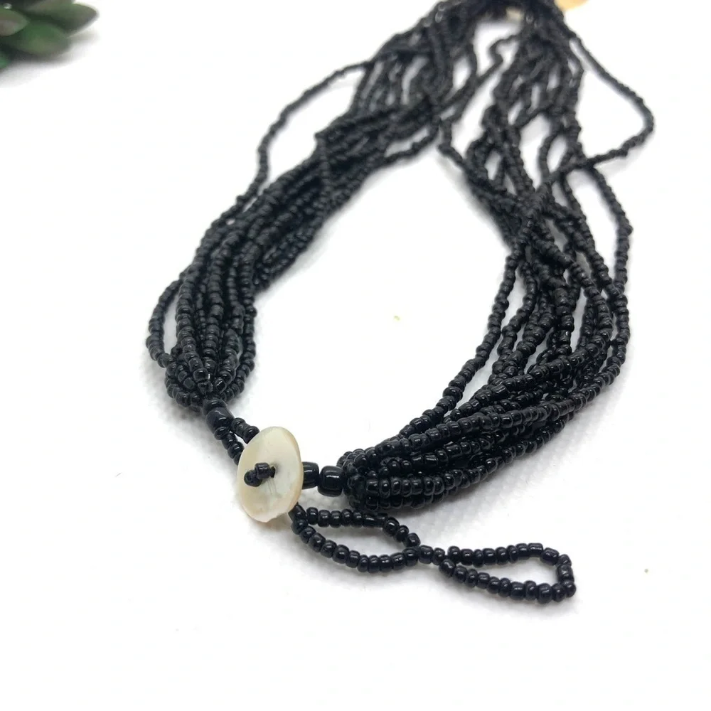Black Beaded Floral Abalone Shell Necklace